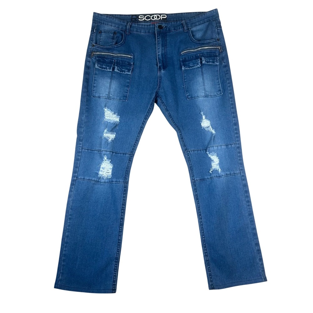 Scoop New York Mens Distressed Cargo Jeans 40x32 Blue Medium Wash Straight Leg